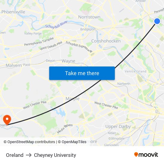 Oreland to Cheyney University map