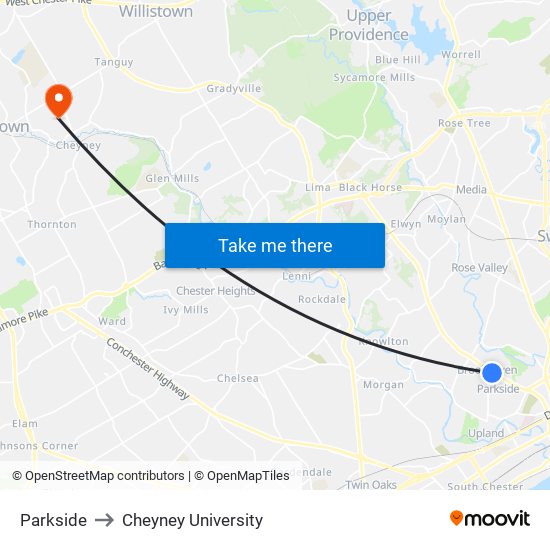 Parkside to Cheyney University map