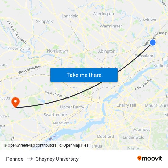 Penndel to Cheyney University map