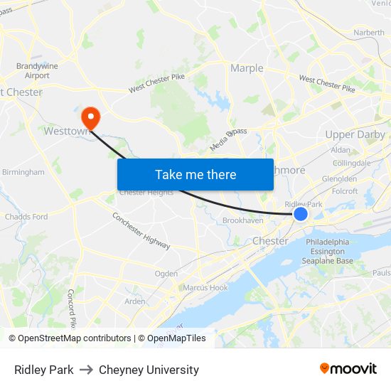 Ridley Park to Cheyney University map