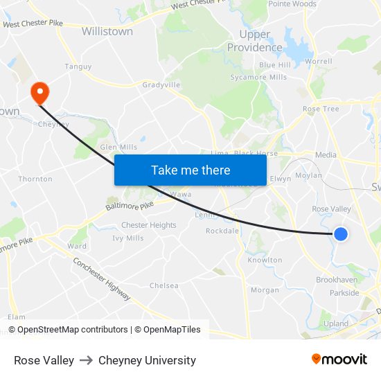 Rose Valley to Cheyney University map