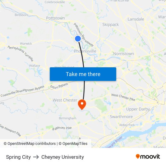 Spring City to Cheyney University map