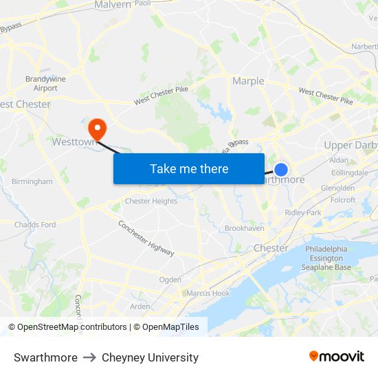 Swarthmore to Cheyney University map