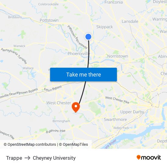 Trappe to Cheyney University map