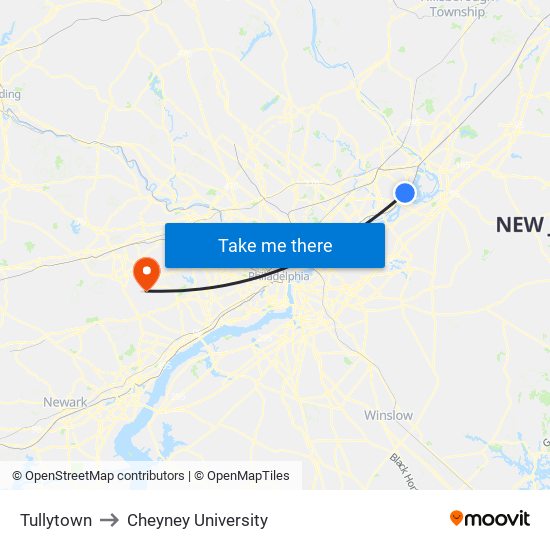 Tullytown to Cheyney University map