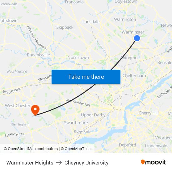 Warminster Heights to Cheyney University map
