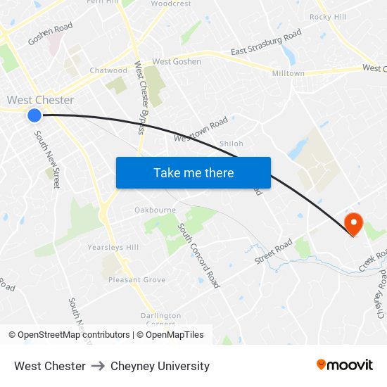 West Chester to Cheyney University map