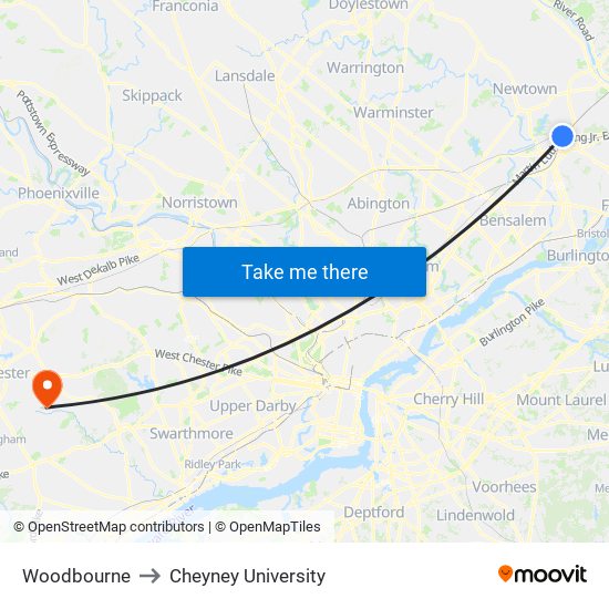 Woodbourne to Cheyney University map