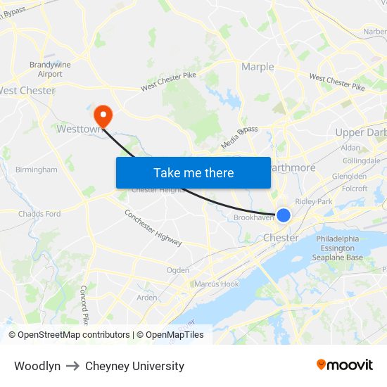 Woodlyn to Cheyney University map