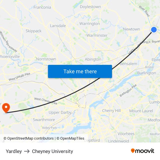 Yardley to Cheyney University map