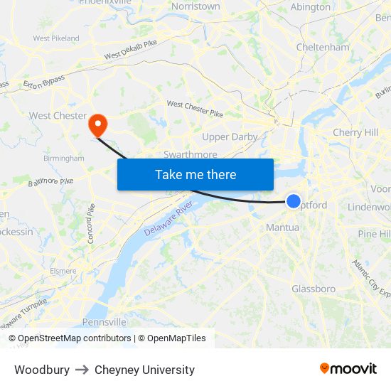 Woodbury to Cheyney University map