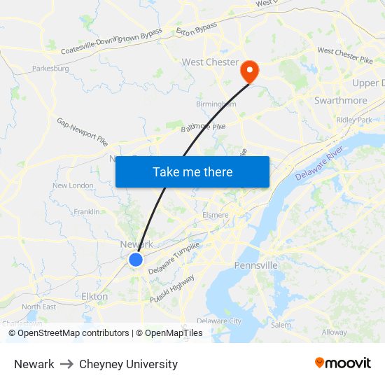 Newark to Cheyney University map
