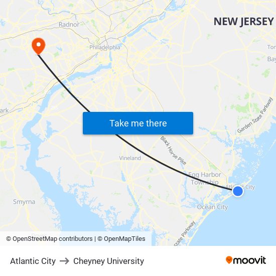 Atlantic City to Cheyney University map