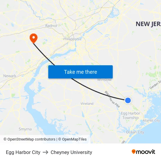 Egg Harbor City to Cheyney University map
