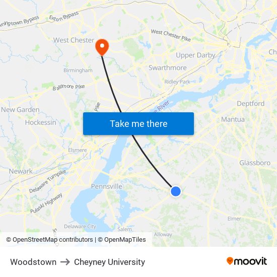 Woodstown to Cheyney University map