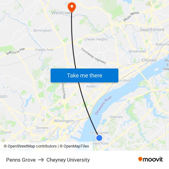 Penns Grove to Cheyney University map