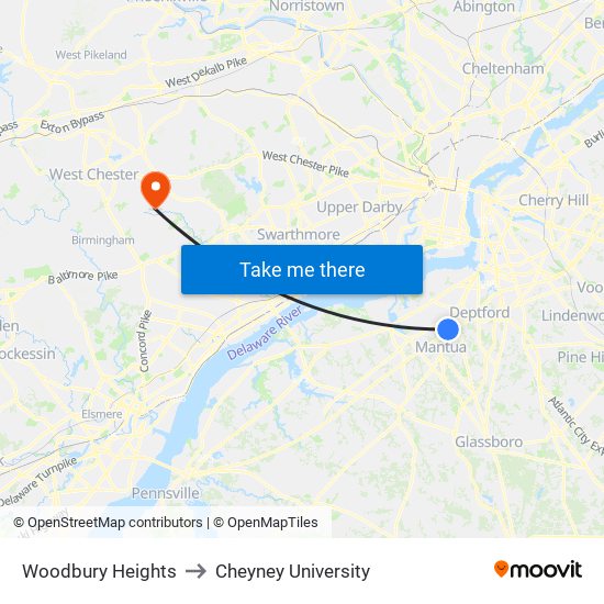 Woodbury Heights to Cheyney University map