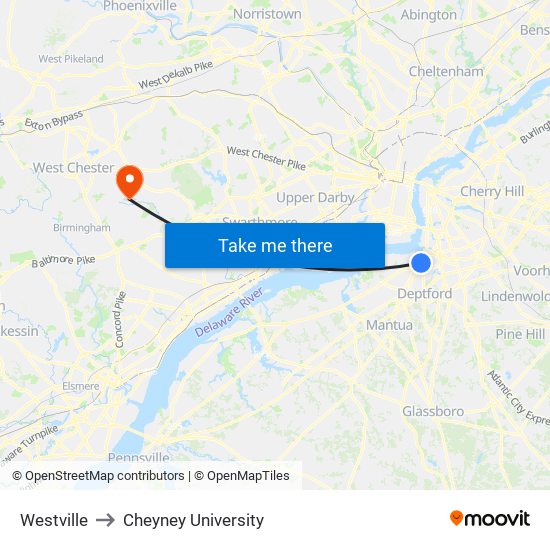 Westville to Cheyney University map