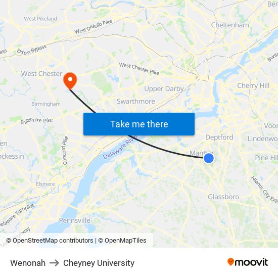 Wenonah to Cheyney University map