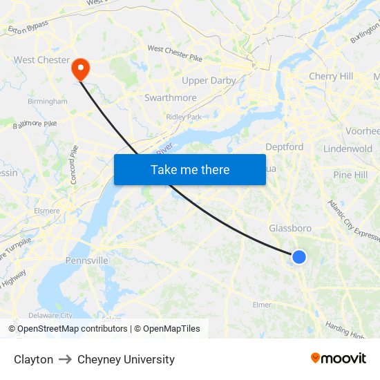 Clayton to Cheyney University map