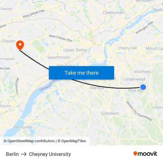 Berlin to Cheyney University map