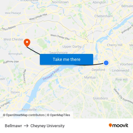Bellmawr to Cheyney University map