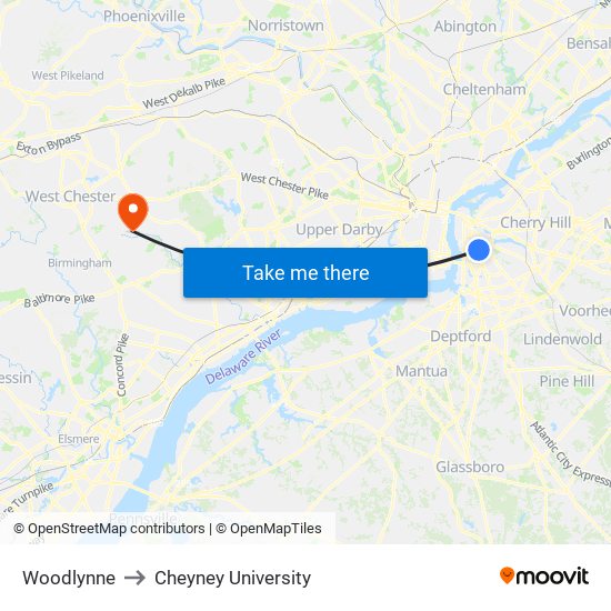 Woodlynne to Cheyney University map