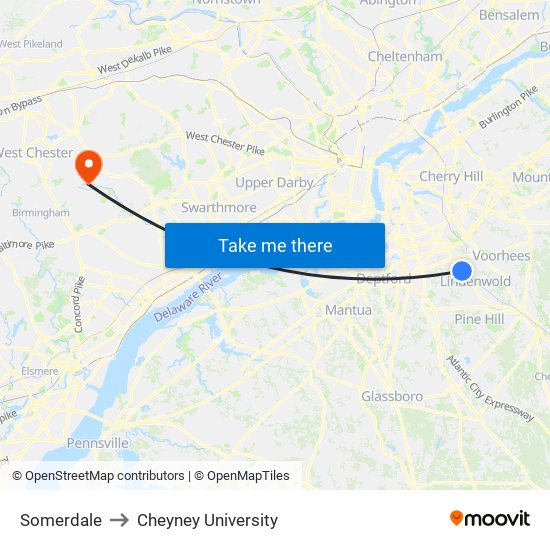 Somerdale to Cheyney University map