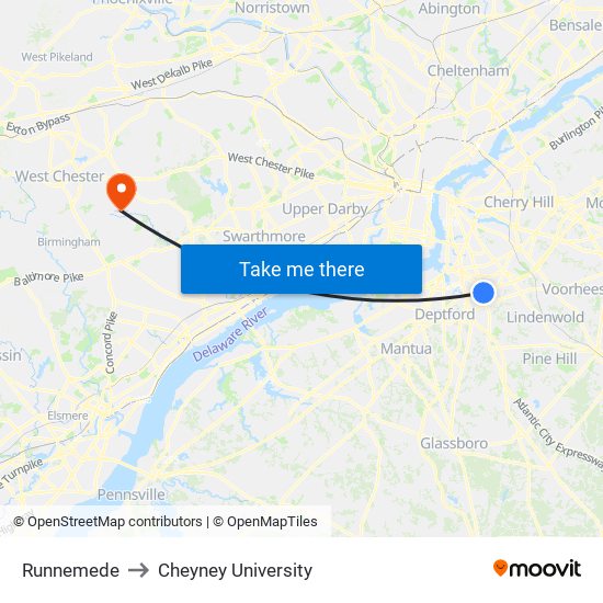 Runnemede to Cheyney University map