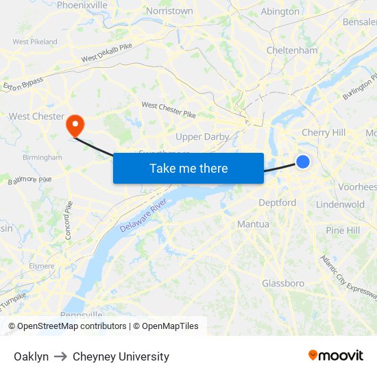 Oaklyn to Cheyney University map