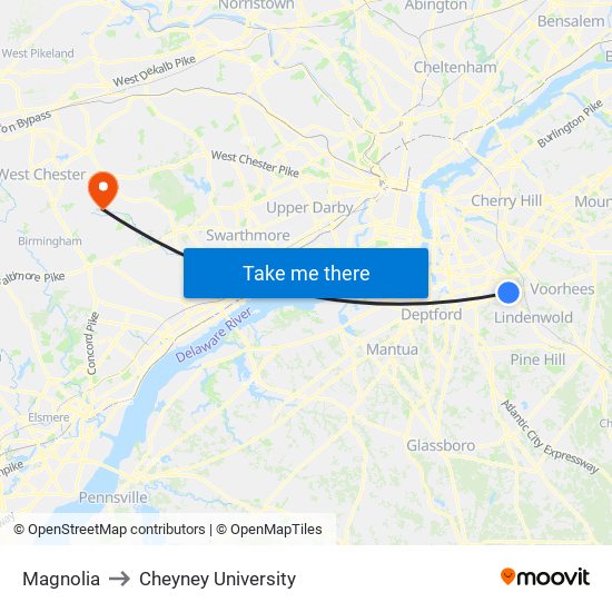 Magnolia to Cheyney University map