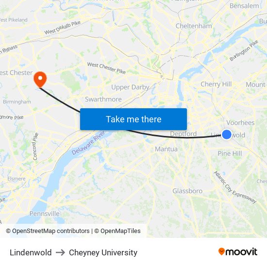 Lindenwold to Cheyney University map
