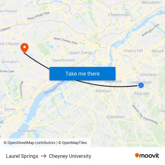 Laurel Springs to Cheyney University map