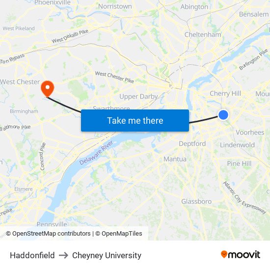 Haddonfield to Cheyney University map