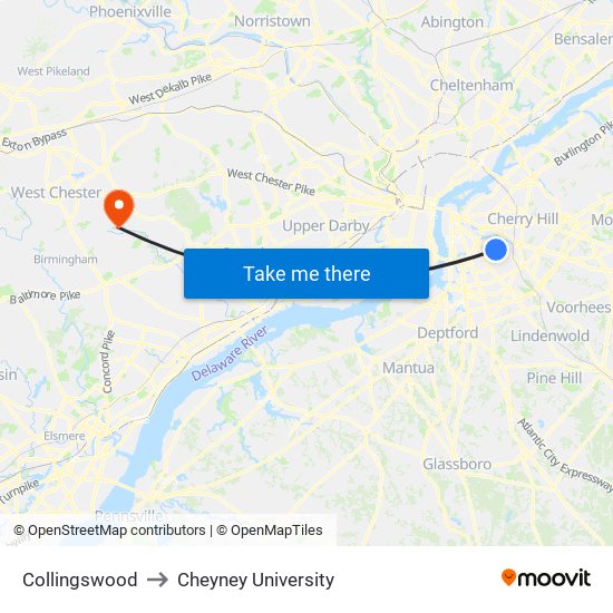 Collingswood to Cheyney University map