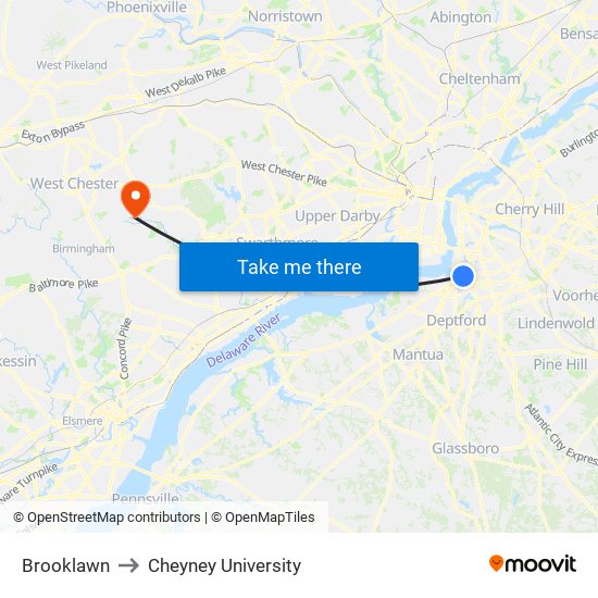 Brooklawn to Cheyney University map