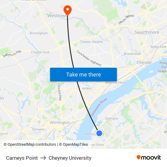 Carneys Point to Cheyney University map