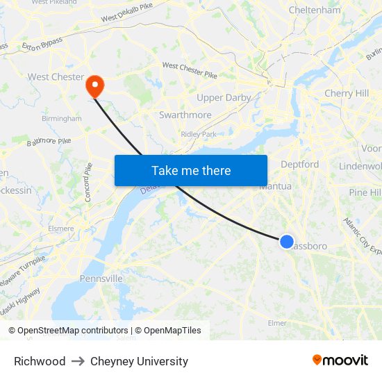 Richwood to Cheyney University map