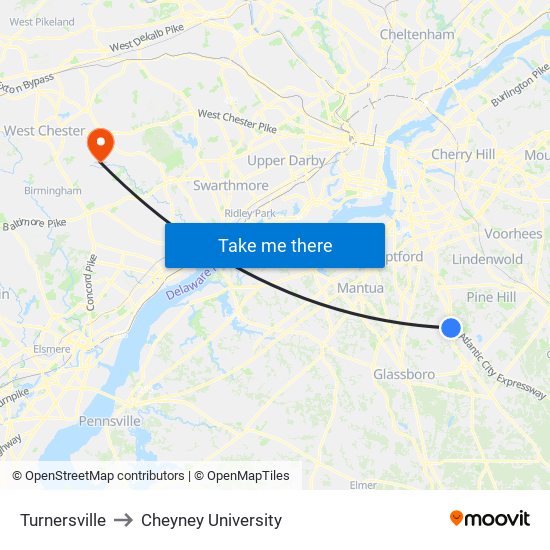 Turnersville to Cheyney University map