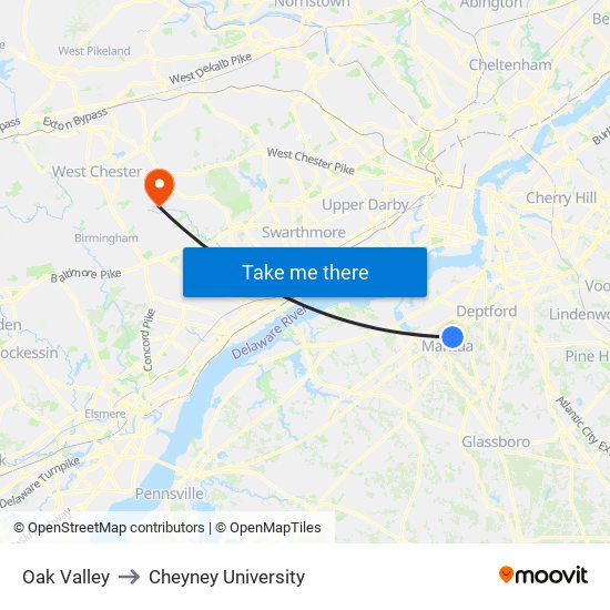 Oak Valley to Cheyney University map