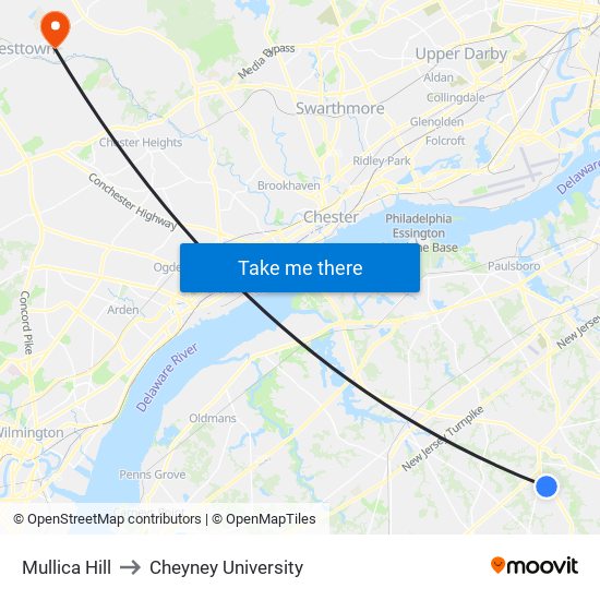Mullica Hill to Cheyney University map