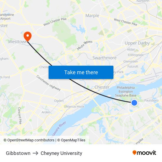Gibbstown to Cheyney University map