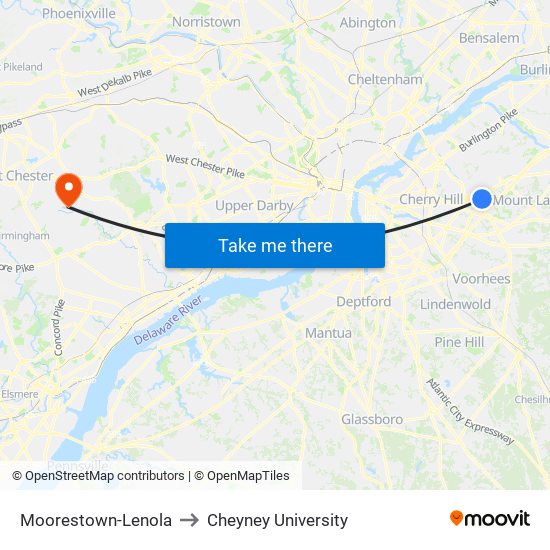 Moorestown-Lenola to Cheyney University map