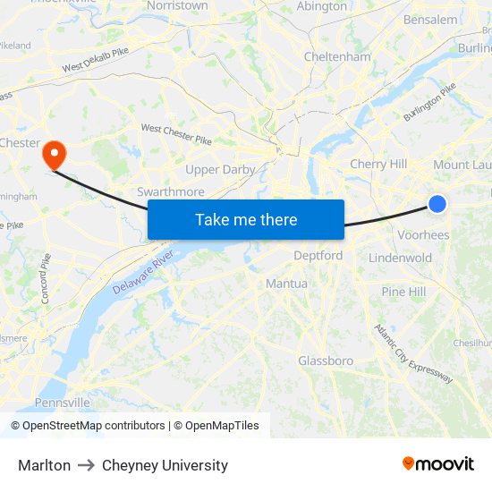 Marlton to Cheyney University map