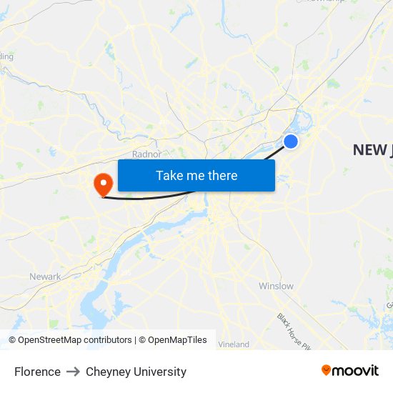 Florence to Cheyney University map