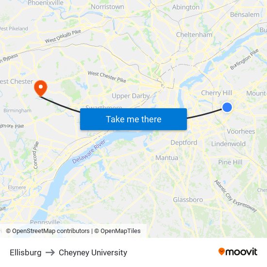 Ellisburg to Cheyney University map