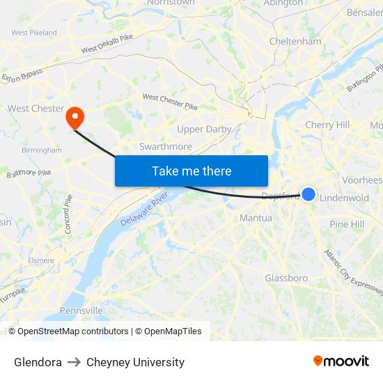 Glendora to Cheyney University map