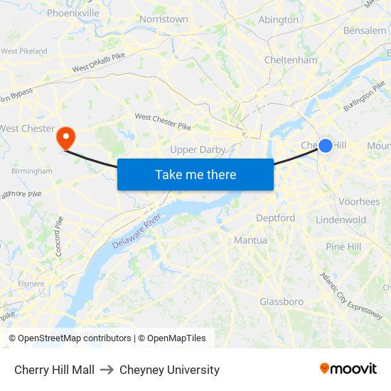 Cherry Hill Mall to Cheyney University map