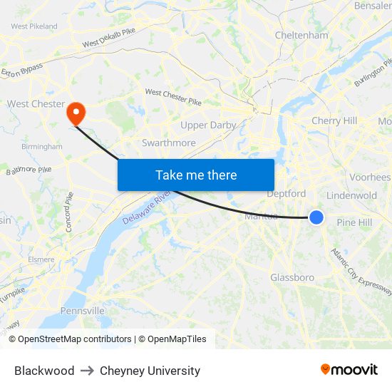 Blackwood to Cheyney University map