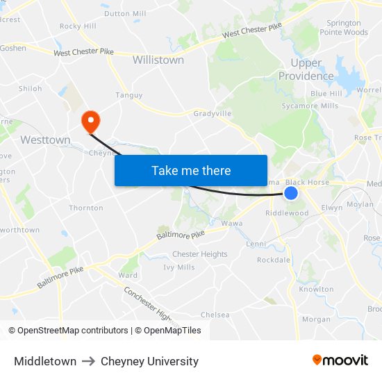 Middletown to Cheyney University map